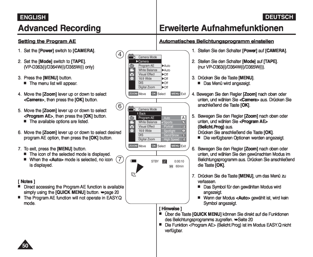 Samsung VP - D364W(i) manual Advanced Recording, Erweiterte Aufnahmefunktionen, English, Deutsch, Setting the Program AE 