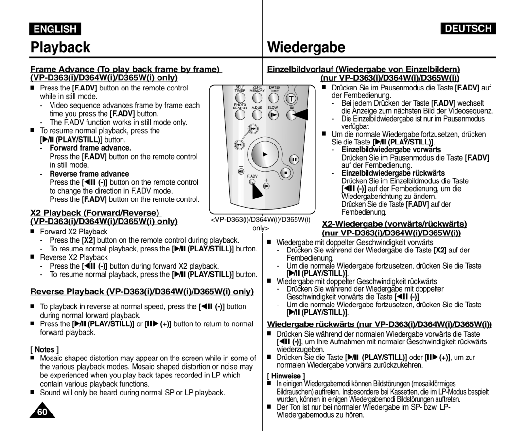 Samsung VP - D365W(i) manual PlaybackWiedergabe, English, Deutsch, √/ PLAY/STILL button, Forward frame advance, Hinweise 