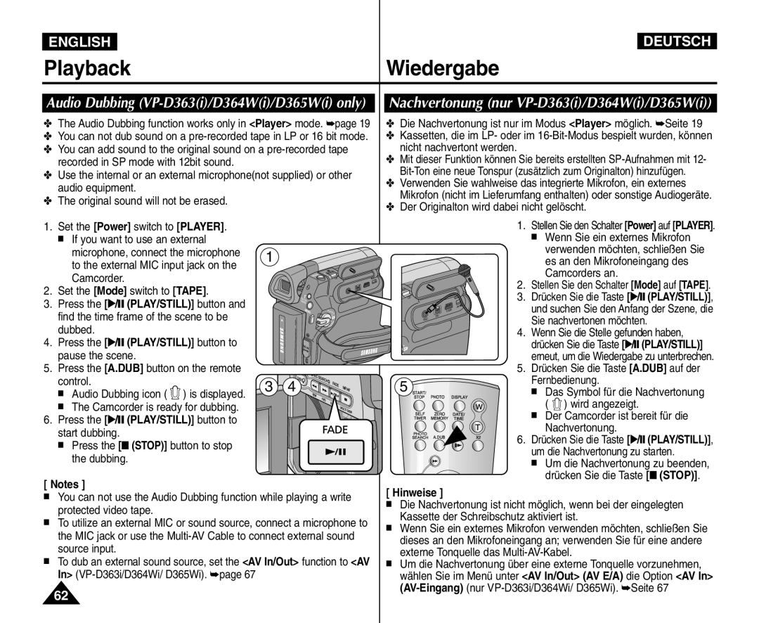 Samsung VP - D364W(i) manual Nachvertonung nur VP-D363i/D364Wi/D365Wi, Audio Dubbing VP-D363i/D364Wi/D365Wi only, English 