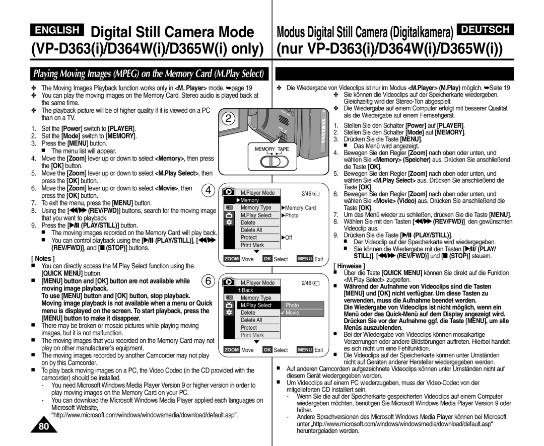 Samsung VP - D364W(i) Digital Still Camera Mode, nur VP-D363i/D364Wi/D365Wi, VP-D363i/D364Wi/D365Wi only, English, Deutsch 