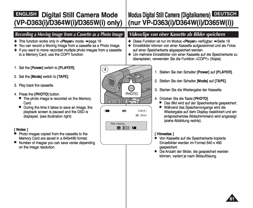 Samsung VP - D365W(i) Videoclips von einer Kassette als Bilder speichern, Digital Still Camera Mode, English, Deutsch 