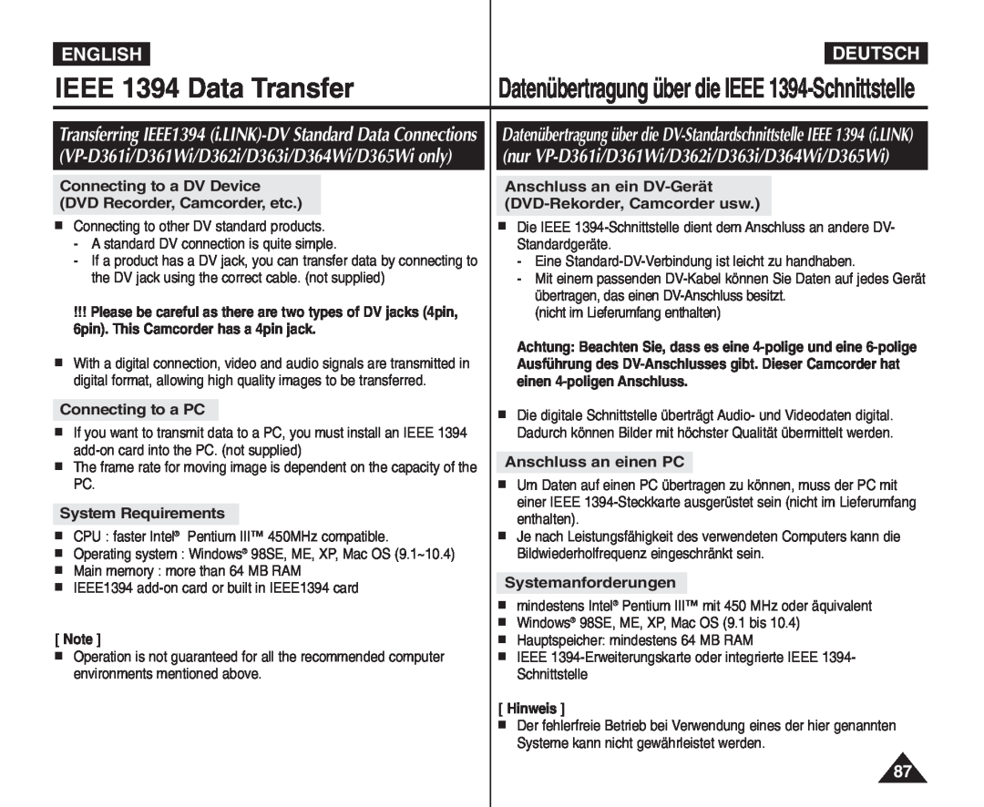 Samsung VP - D365W(i) manual IEEE 1394 Data Transfer, Datenübertragung über die IEEE 1394-Schnittstelle, English, Deutsch 