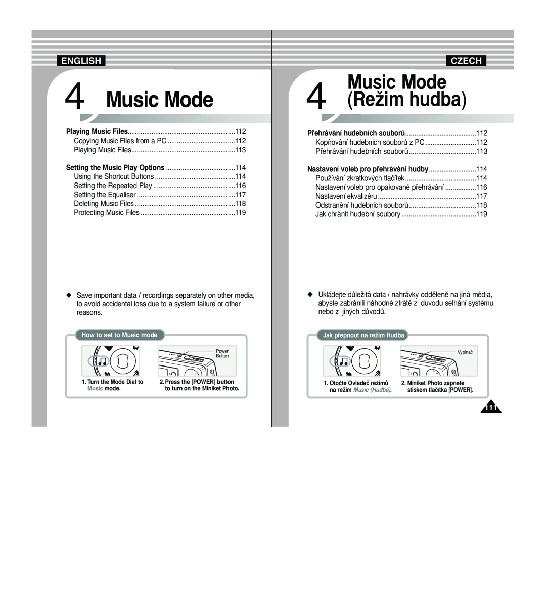 Samsung VP - MS15(S), VP - MS11(R), VP - MS10(BL), VP - MS11(S) manual 112, 113, 114, Nastavení voleb pro pﬁehrávání hudby 