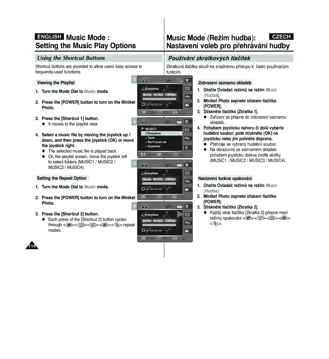 Samsung VP - MS12(R) manual English Music Mode, Setting the Music Play Options, Skladeb It moves to the playlist view 