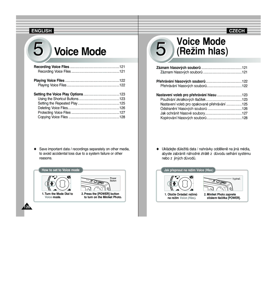 Samsung VP - MS11(R), VP - MS10(BL), VP - MS11(S), VP - MS15(S) manual Voice Mode, Nastavení voleb pro pﬁehrávání hlasu 