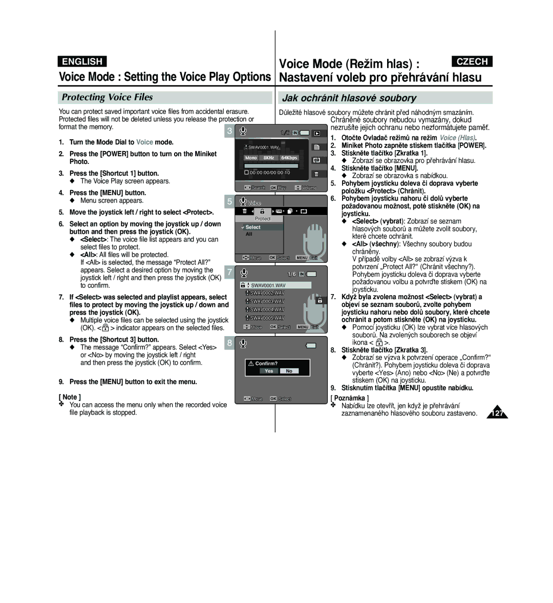 Samsung VP - MS11(BL) manual Protecting Voice Files Jak ochránit hlasové soubory, Hlasov˘ch souborÛ a mÛÏete zvolit soubory 