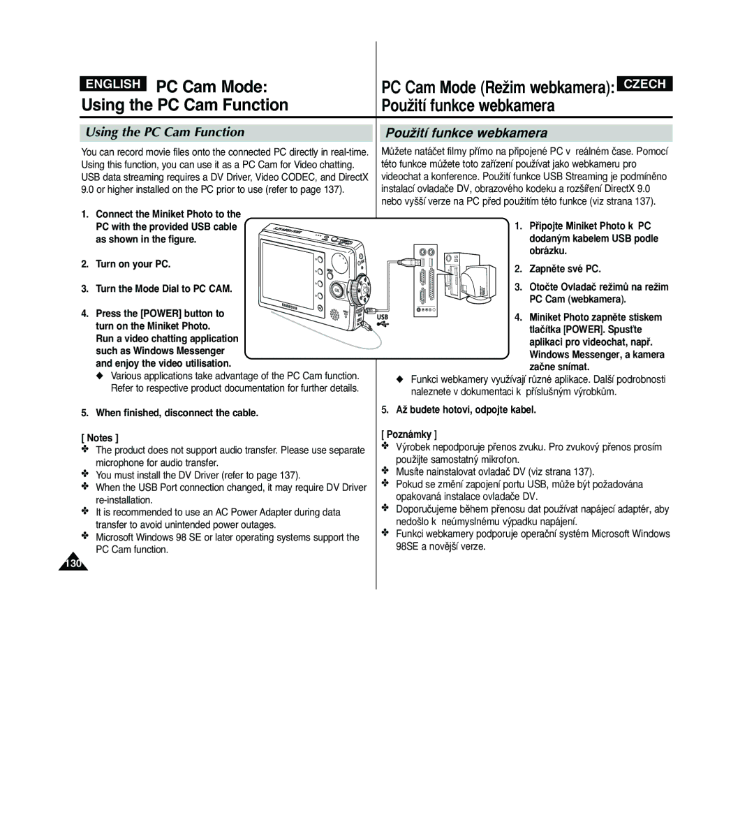 Samsung VP - MS15(BL), VP - MS11(R), VP - MS10(BL) manual PC Cam Mode, Using the PC Cam Function PouÏití funkce webkamera 