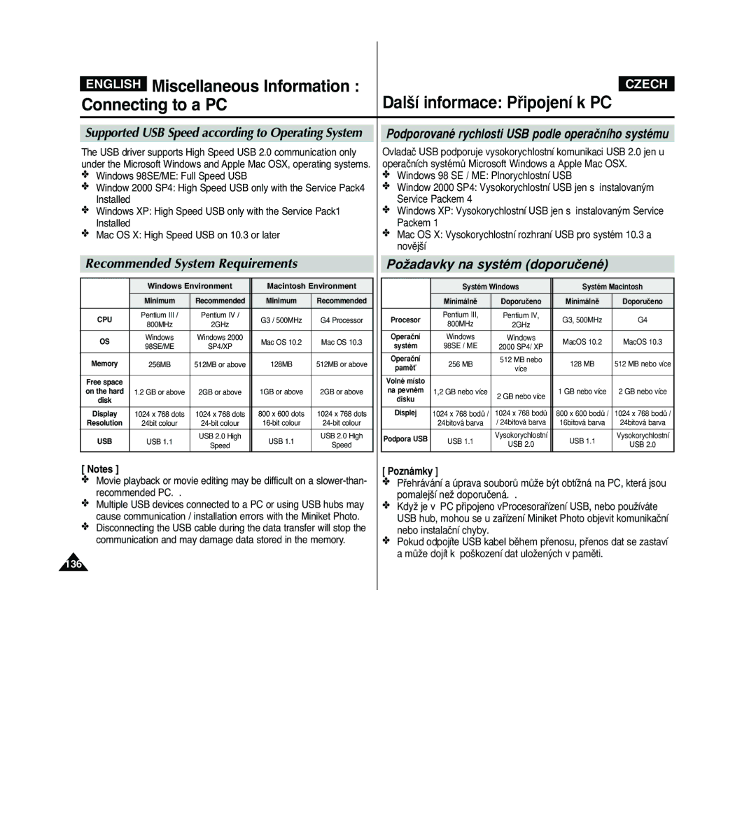 Samsung VP - MS10(S), VP - MS11(R) English Miscellaneous Information, Connecting to a PC, Recommended System Requirements 