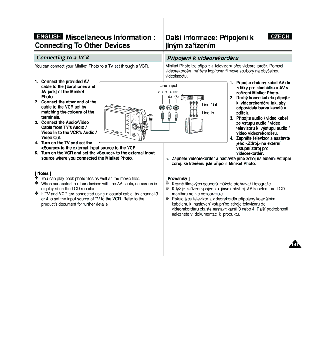 Samsung VP - MS12(BL), VP - MS11(R), VP - MS10(BL), VP - MS11(S) manual Connecting to a VCR, Pﬁipojení k videorekordéru 