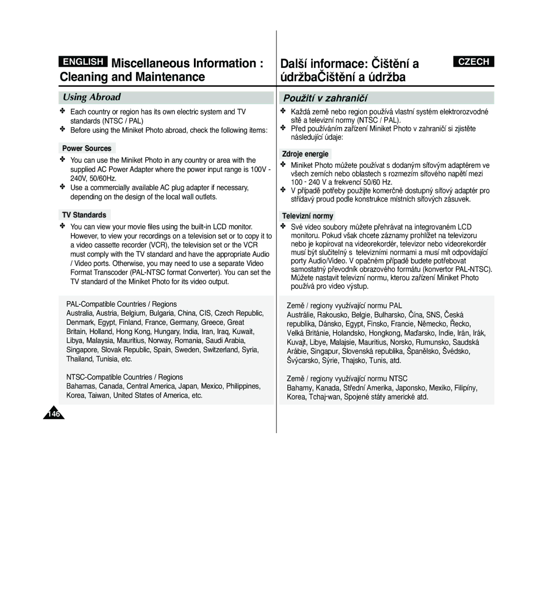 Samsung VP - MS11(S), VP - MS11(R), VP - MS10(BL) manual Using Abroad, PouÏití v zahraniãí, Zdroje energie, Televizní normy 