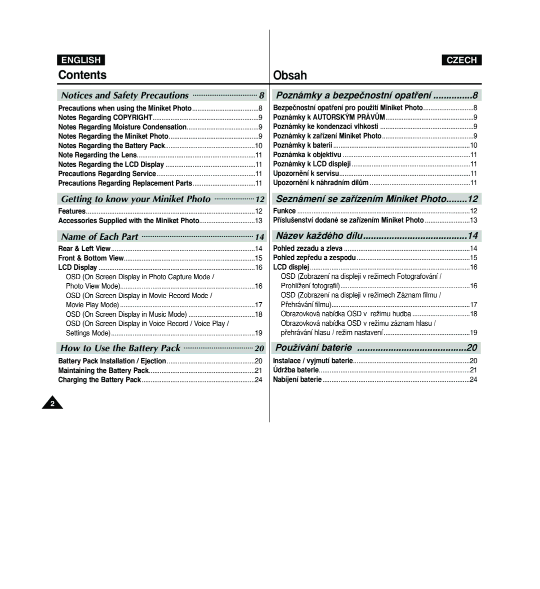 Samsung VP - MS11(S), VP - MS11(R), VP - MS10(BL), VP - MS15(S), VP - MS10(S), VP - MS15(R), VP - MS12(R) manual Contents Obsah 