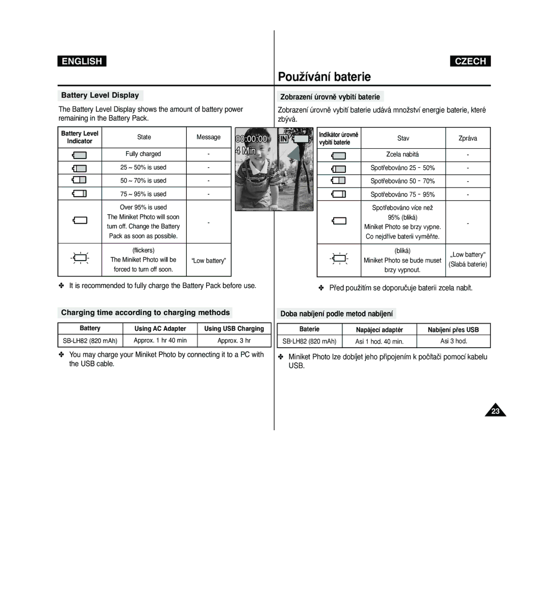 Samsung VP - MS12(S) manual Zobrazení úrovnû vybití baterie, Doba nabíjení podle metod nabíjení, Asi 1 hod min Asi 3 hod 