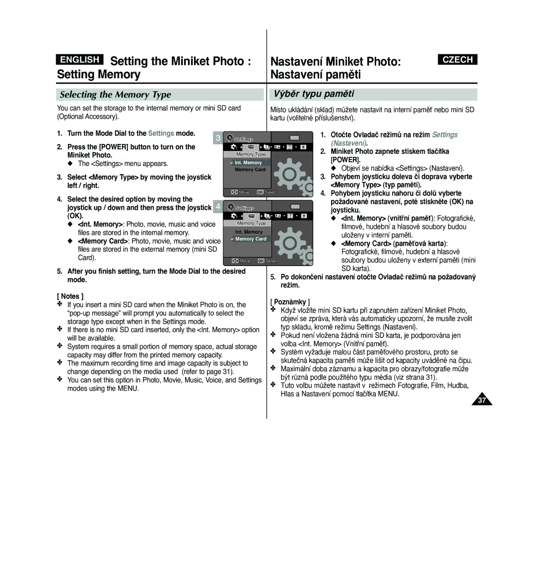 Samsung VP - MS10(BL) manual English Setting the Miniket Photo, Setting Memory Nastavení pamûti, Selecting the Memory Type 