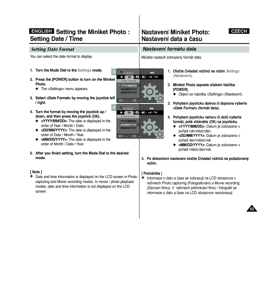 Samsung VP - MS11(BL) Setting Date Format, Nastavení formátu data, Select Date Format by moving the joystick left / right 