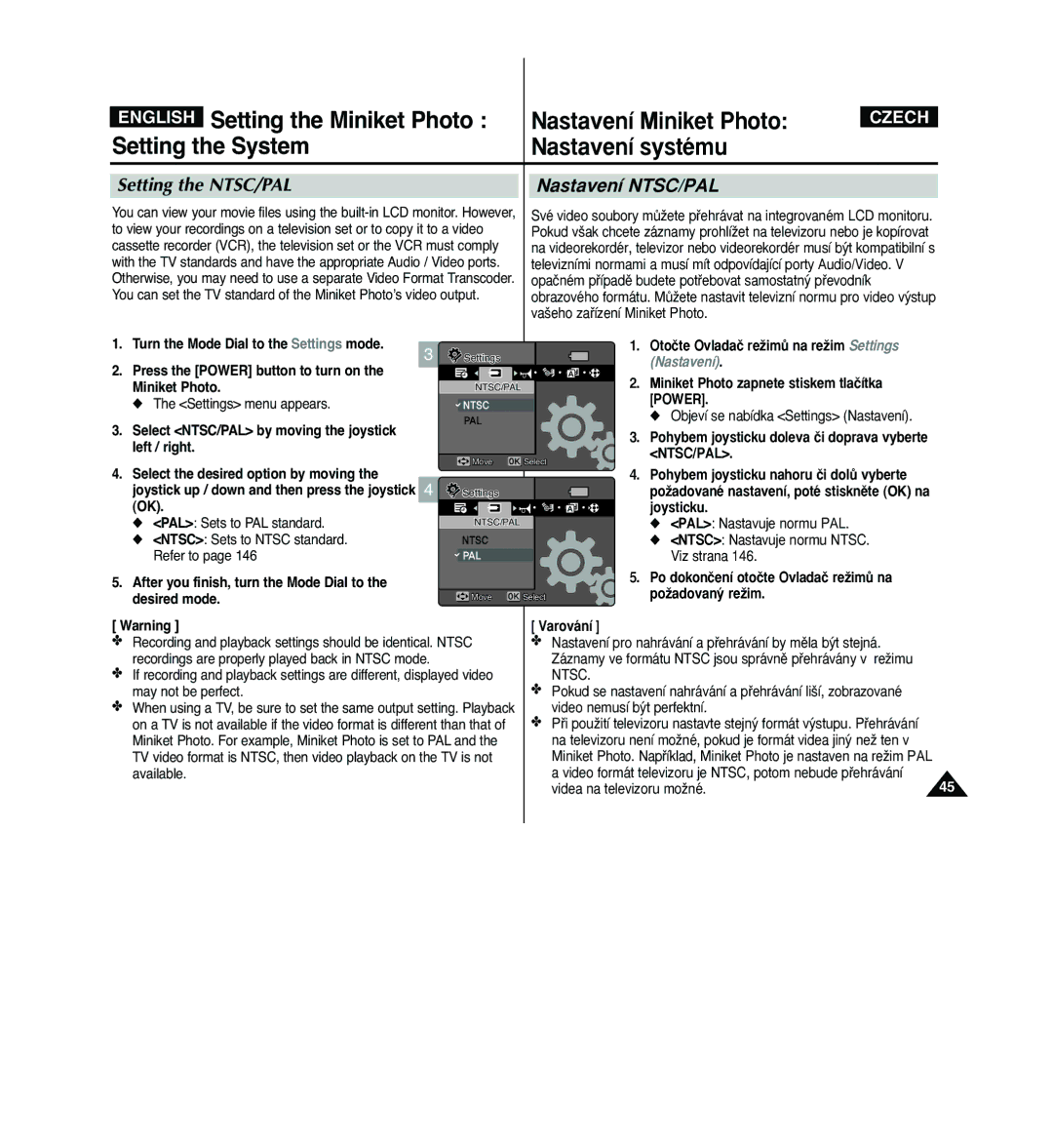 Samsung VP - MS12(BL), VP - MS11(R) manual Setting the System Nastavení systému, Setting the NTSC/PAL, Nastavení NTSC/PAL 