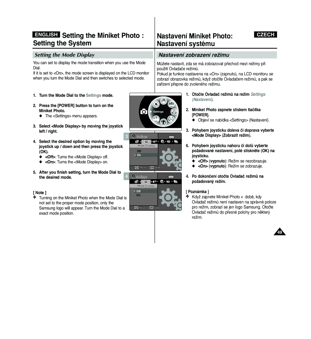 Samsung VP - MS10(BL), VP - MS11(R) manual Setting the Mode Display Nastavení zobrazení reÏimu, Mode Display Zobrazit reÏim 