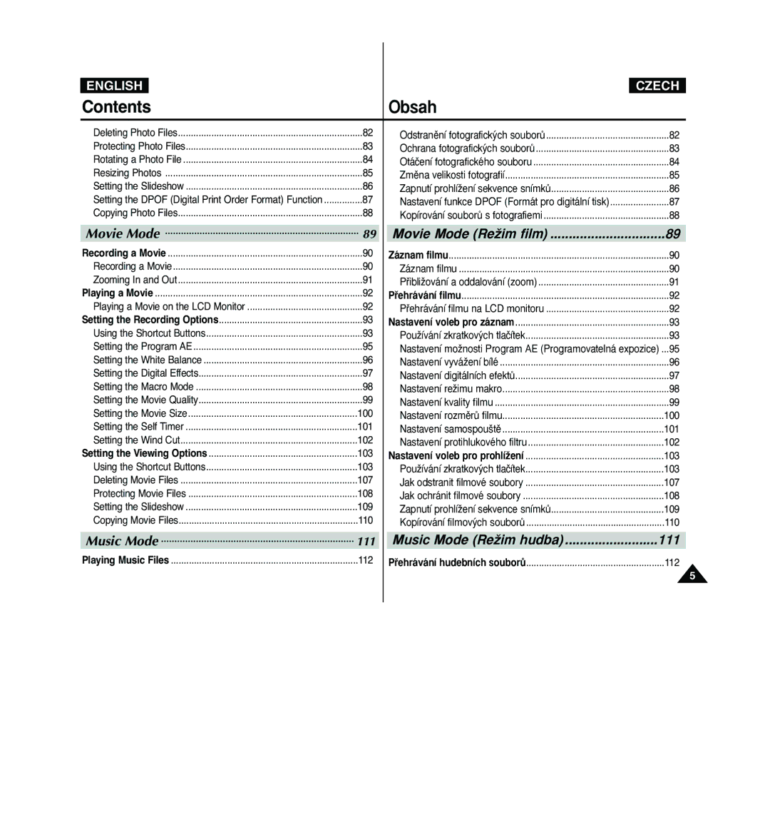 Samsung VP - MS15(R), VP - MS11(R), VP - MS10(BL) Movie Mode Movie Mode ReÏim film, Music Mode Music Mode ReÏim hudba, 111 