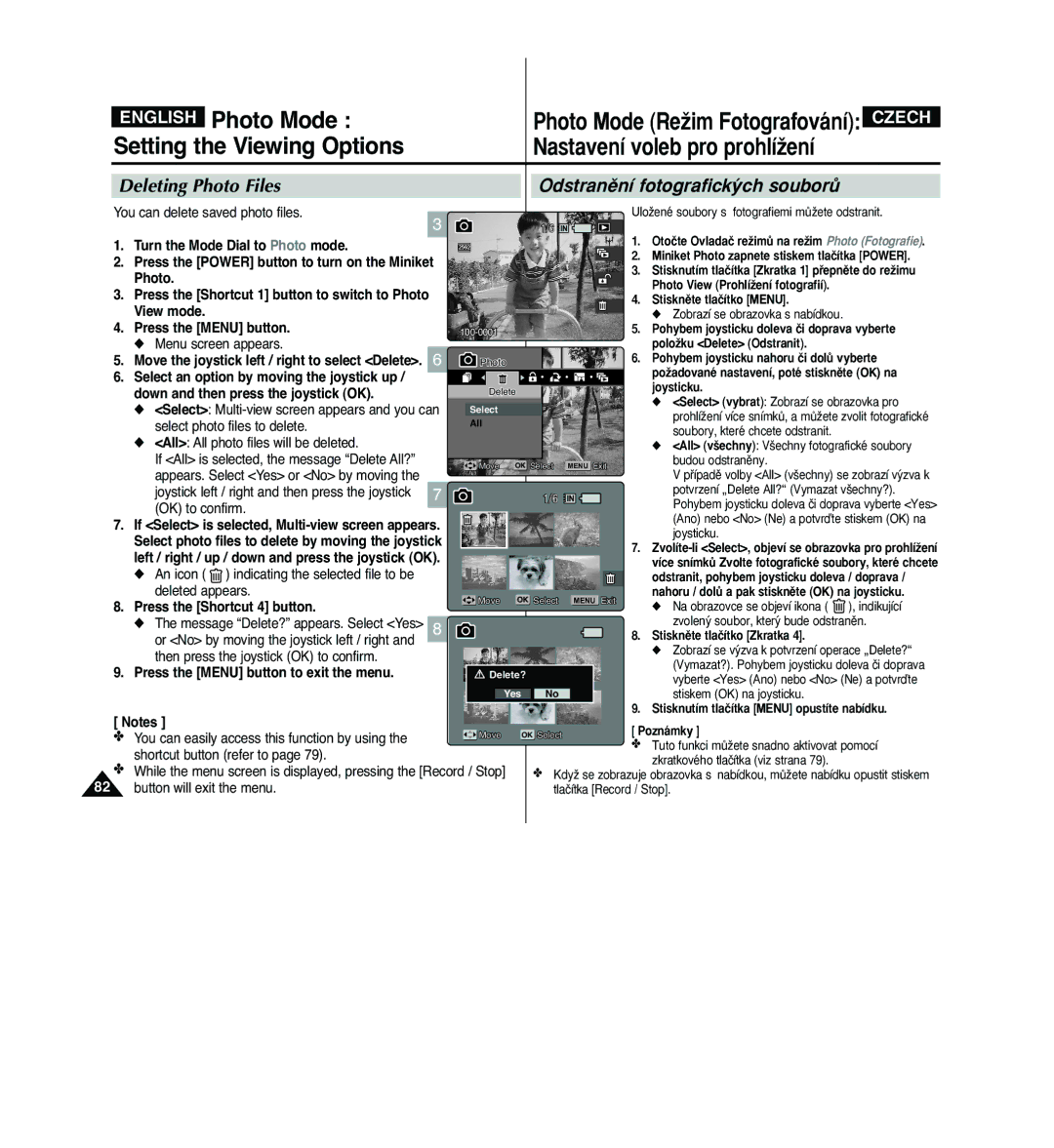 Samsung VP - MS15(BL) manual Deleting Photo Files Odstranûní fotografick˘ch souborÛ, You can delete saved photo files 