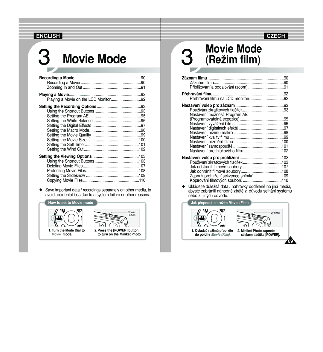 Samsung VP - MS15(R), VP - MS11(R), VP - MS10(BL), VP - MS11(S) manual Nastavení moÏnosti Program AE, 102, 103, 108, 110 