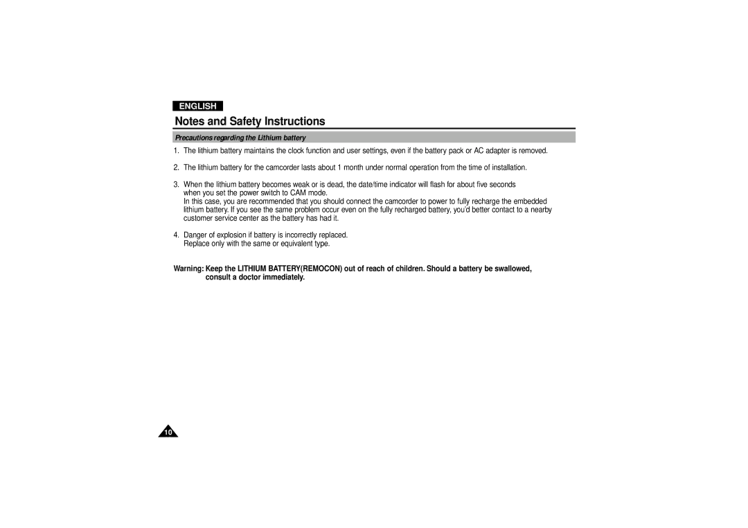 Samsung VP D 130 i manual Precautions regarding the Lithium battery 