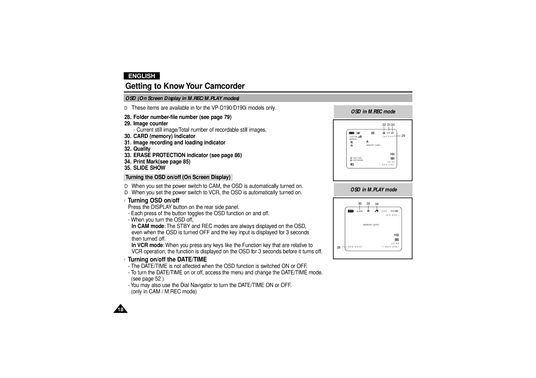 Samsung VP D 130 i OSD On Screen Display in M.REC/M.PLAY modes, Folder number-file number see Image counter, Slide Show 