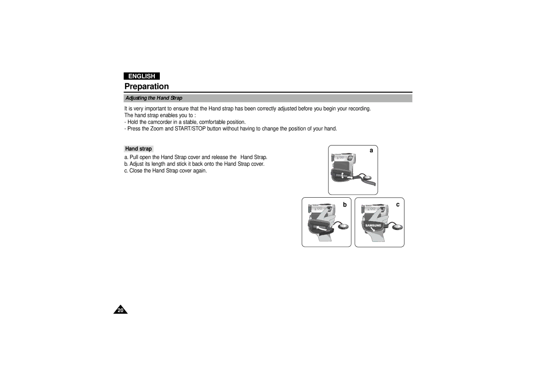 Samsung VP D 130 i manual Adjusting the Hand Strap, Hand strap 