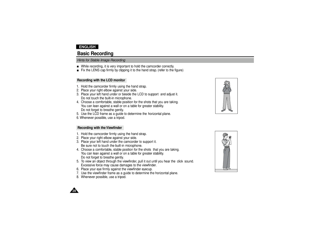 Samsung VP D 130 i manual Hints for Stable Image Recording, Recording with the LCD monitor, Recording with the Viewfinder 