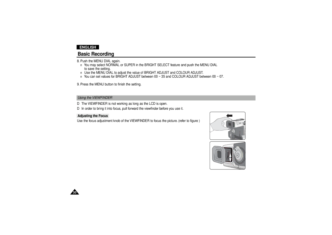 Samsung VP D 130 i manual Using the Viewfinder, Adjusting the Focus 