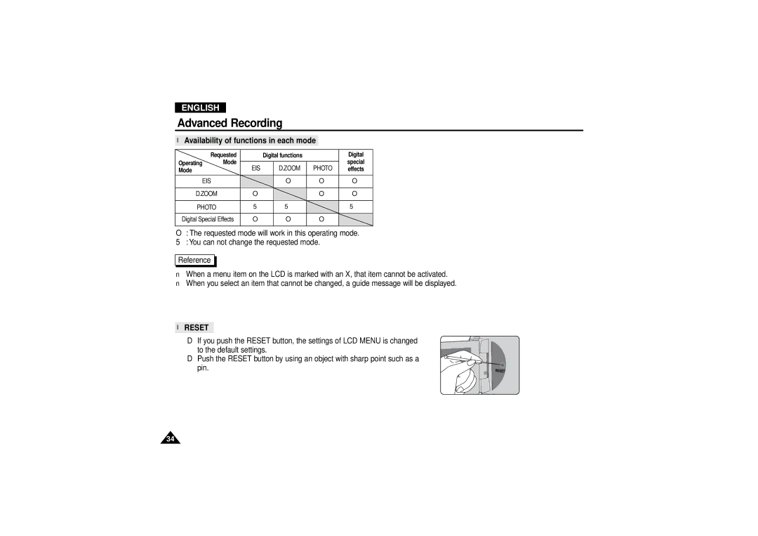 Samsung VP D 130 i manual Availability of functions in each mode, Reset 