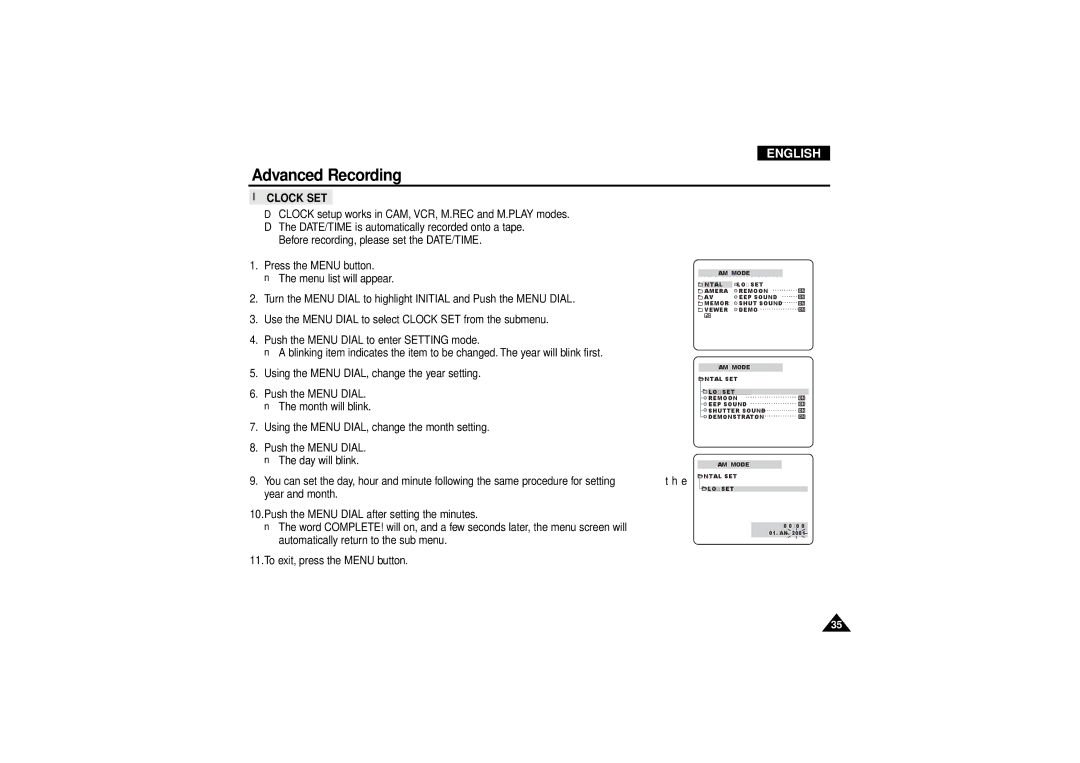 Samsung VP D 130 i manual Clock SET 