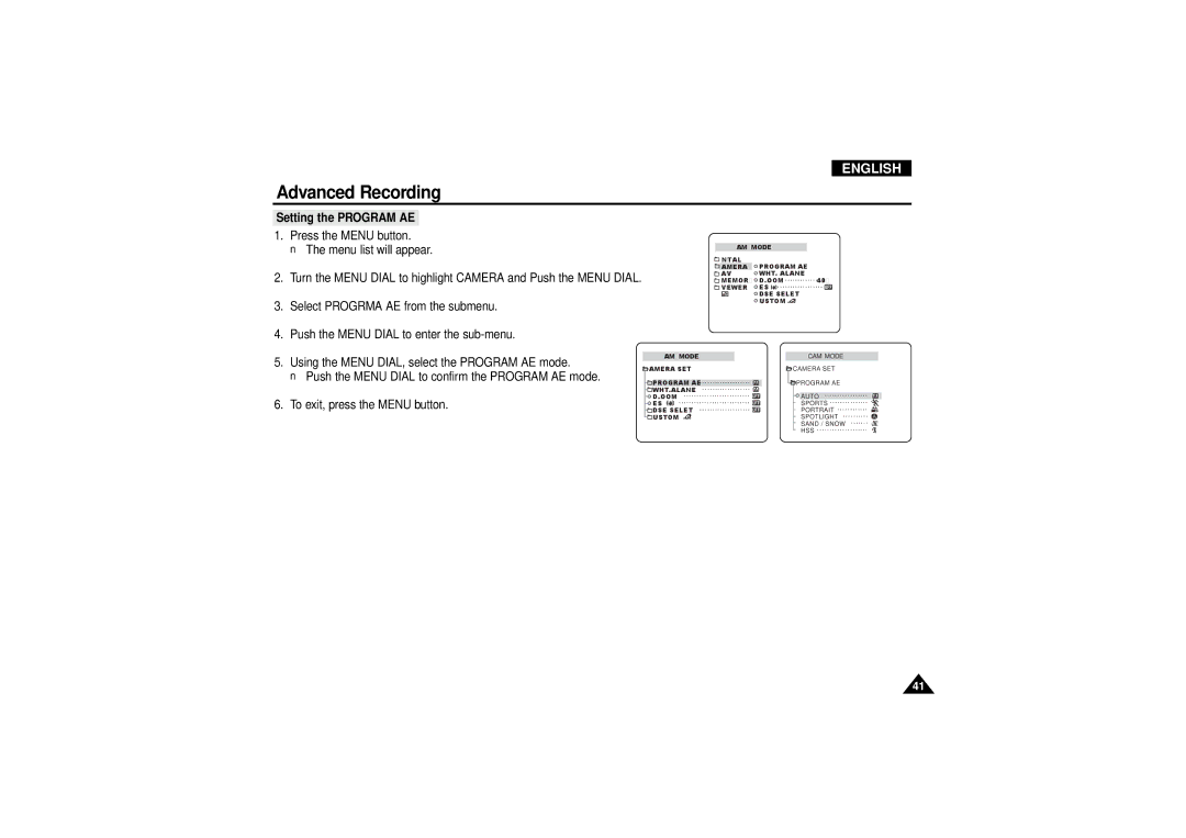 Samsung VP D 130 i manual Setting the Program AE 