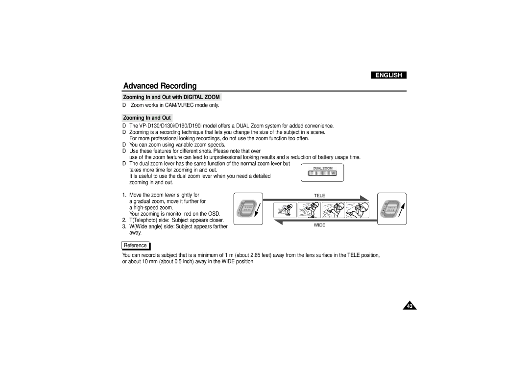 Samsung VP D 130 i manual Zooming In and Out with Digital Zoom 