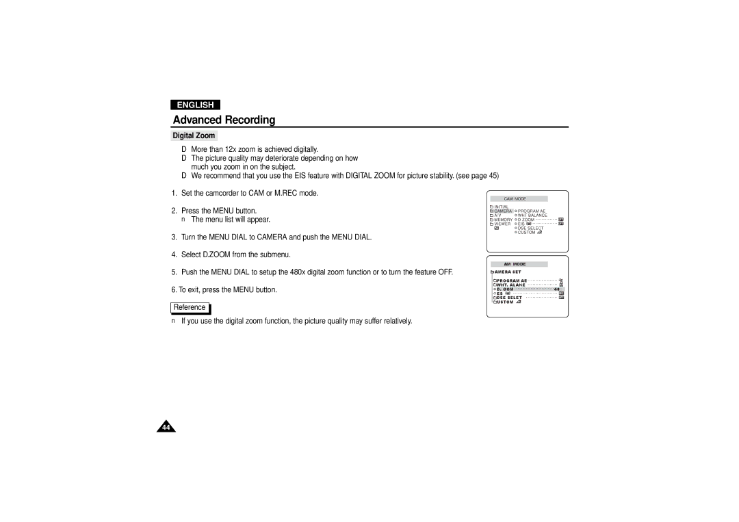 Samsung VP D 130 i manual Digital Zoom 