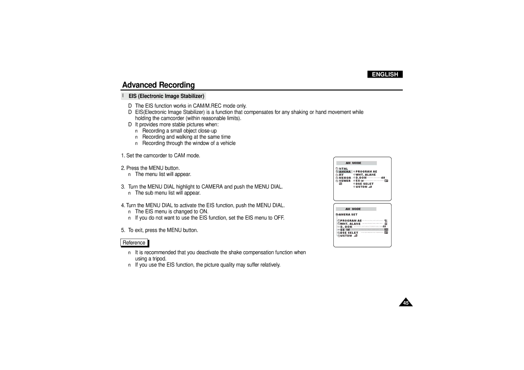 Samsung VP D 130 i manual EIS Electronic Image Stabilizer 