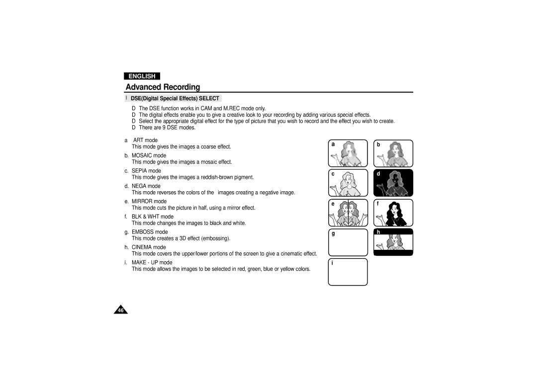 Samsung VP D 130 i manual DSEDigital Special Effects Select 