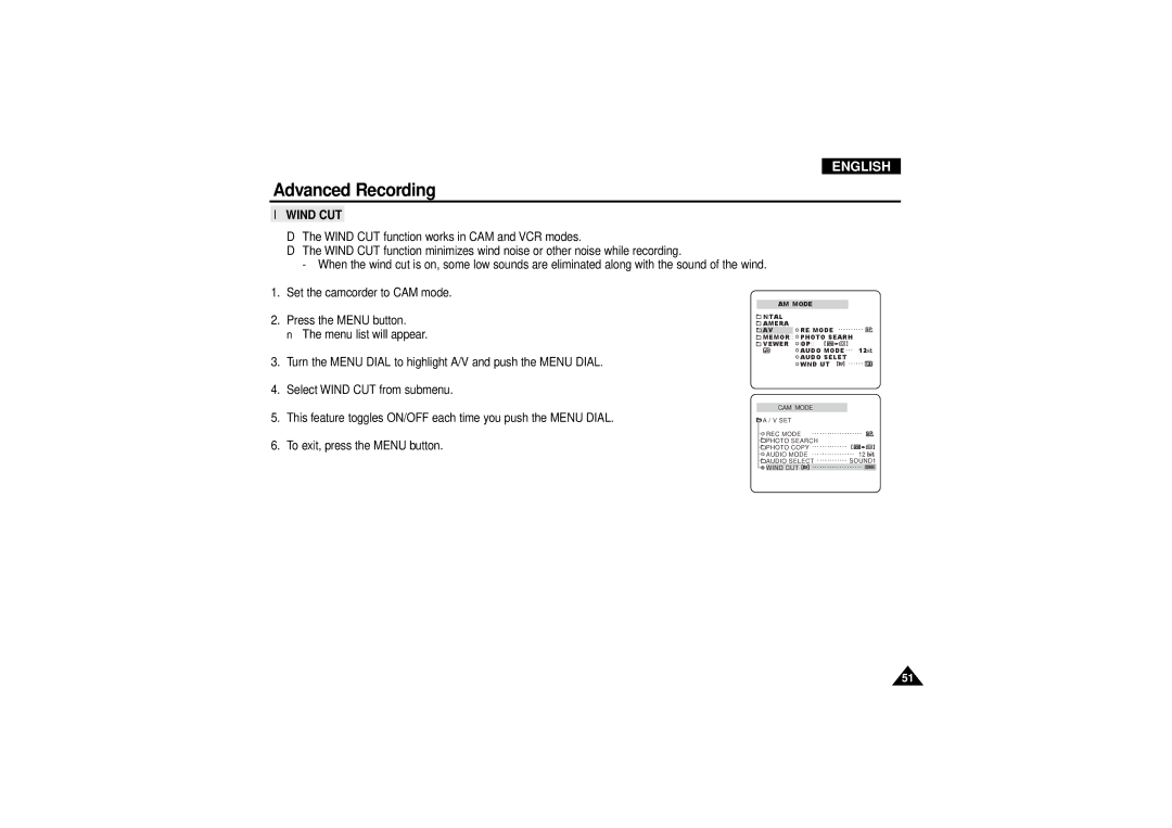 Samsung VP D 130 i manual Wind CUT 