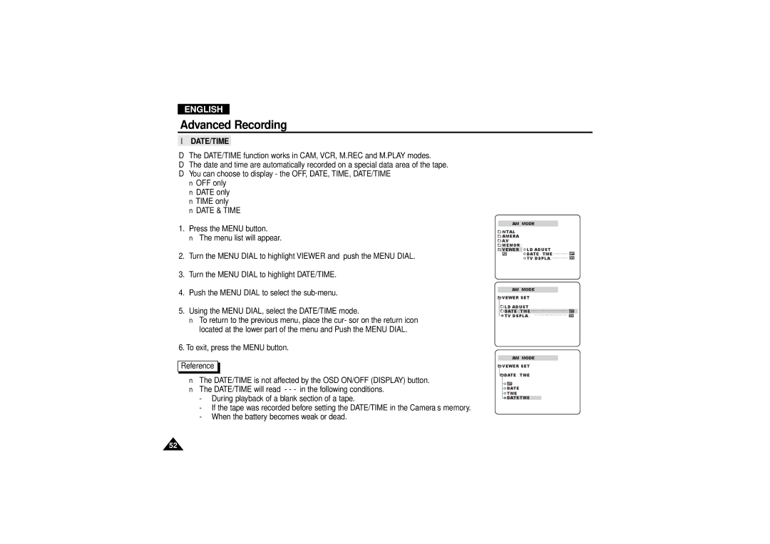 Samsung VP D 130 i manual Date/Time, Date & Time 