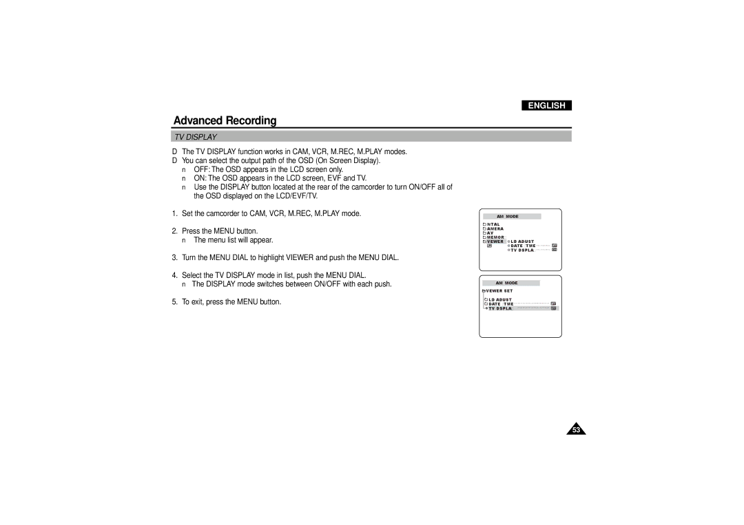 Samsung VP D 130 i manual TV Display 