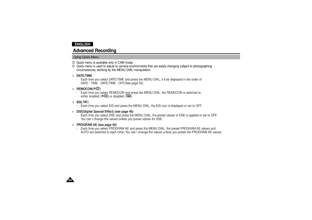 Samsung VP D 130 i manual Using Quick Menu, Eis, DSEDigital Special Effect see 