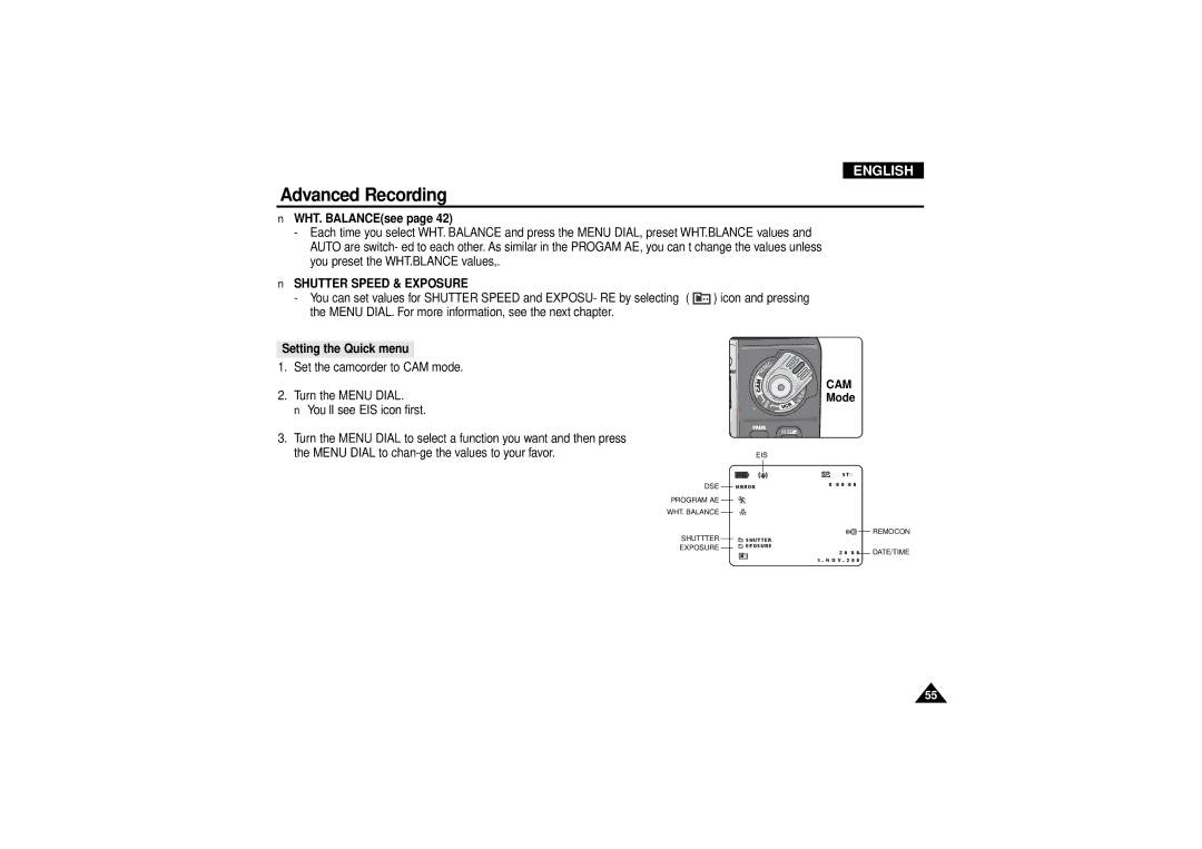 Samsung VP D 130 i manual WHT. BALANCEsee, Shutter Speed & Exposure, Setting the Quick menu 