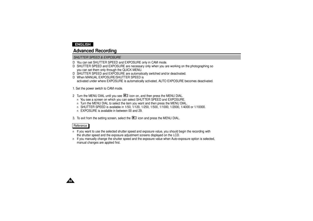 Samsung VP D 130 i manual Shutter Speed & Exposure 