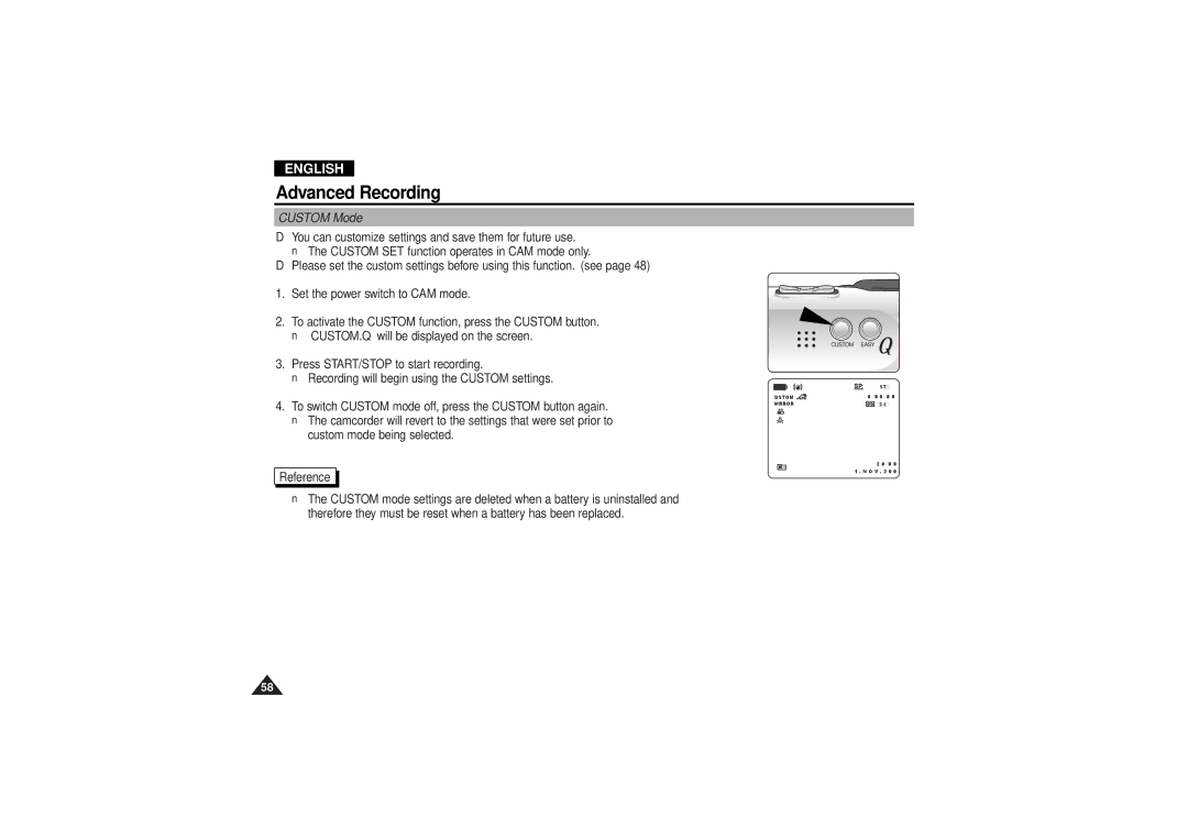 Samsung VP D 130 i manual Custom Mode 