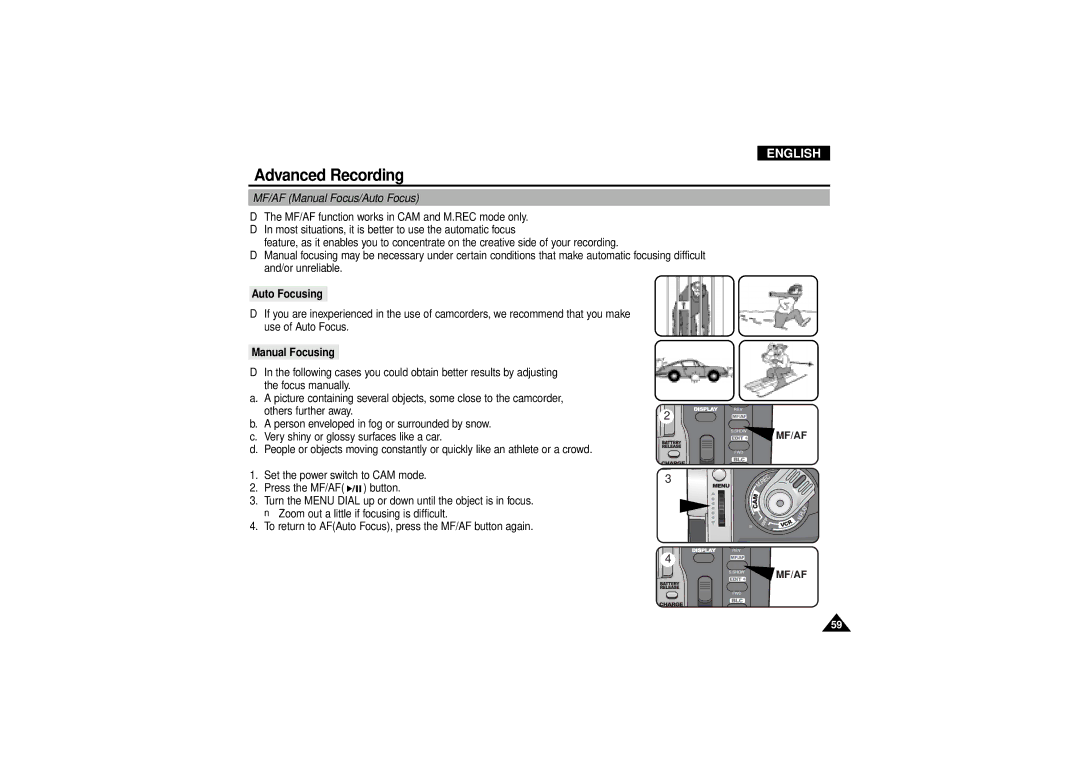 Samsung VP D 130 i manual MF/AF Manual Focus/Auto Focus, Auto Focusing, Manual Focusing 