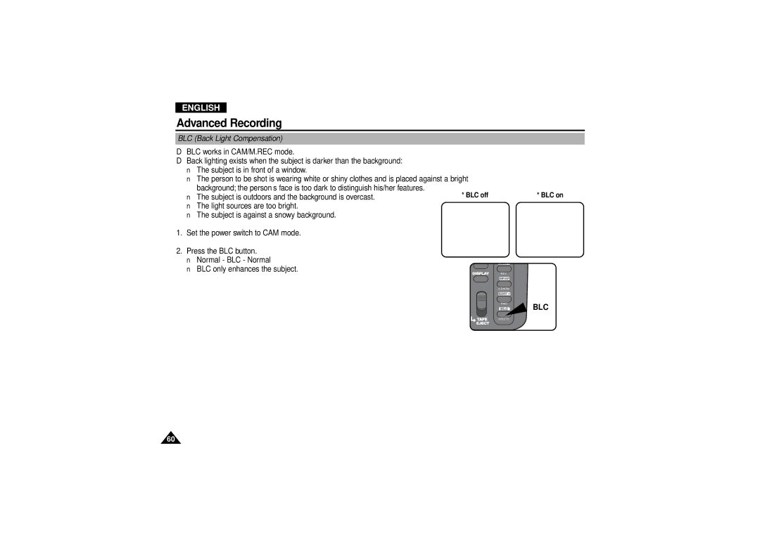 Samsung VP D 130 i manual BLC Back Light Compensation 