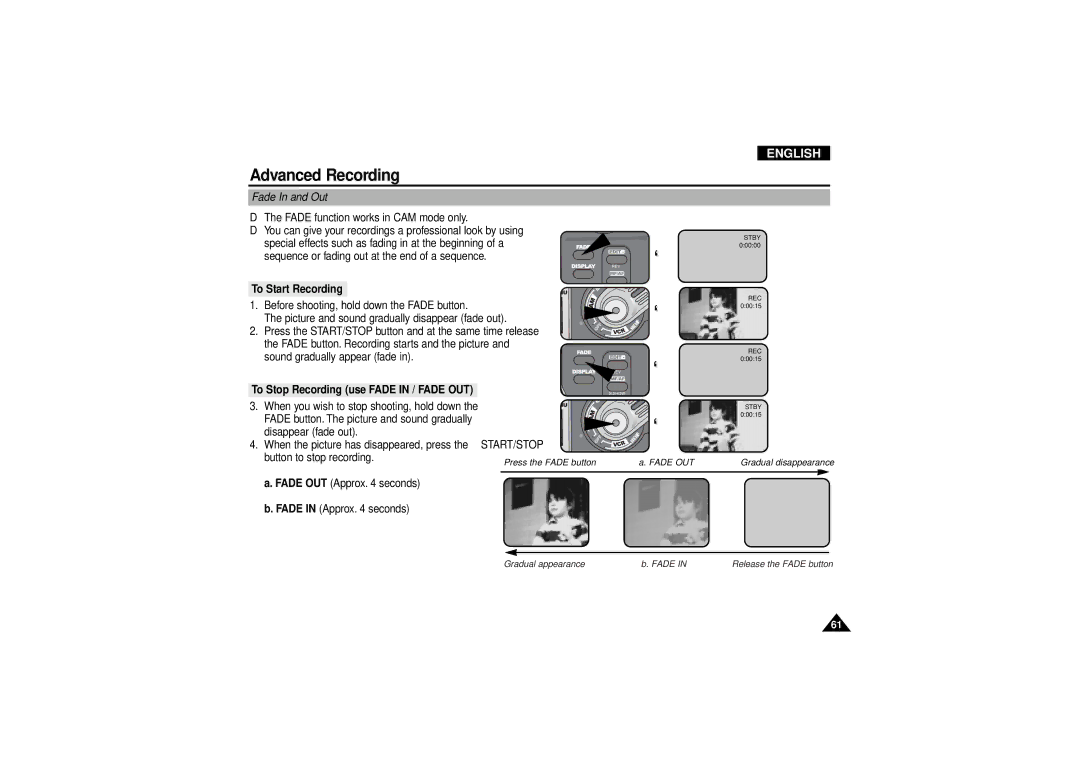 Samsung VP D 130 i manual Fade In and Out, To Start Recording, To Stop Recording use Fade in / Fade OUT 