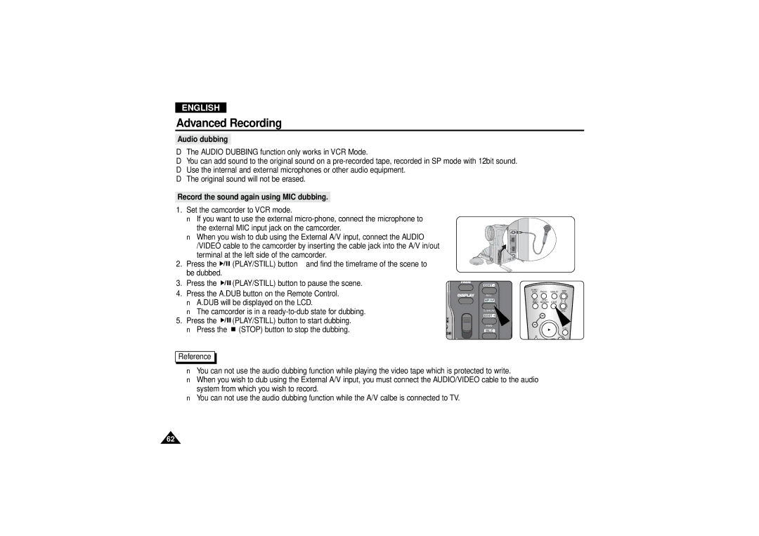 Samsung VP D 130 i manual Audio dubbing, Record the sound again using MIC dubbing 