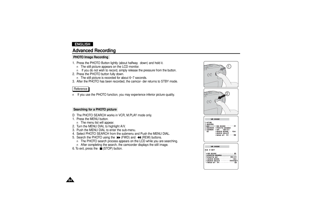 Samsung VP D 130 i manual Photo Image Recording, Searching for a Photo picture 