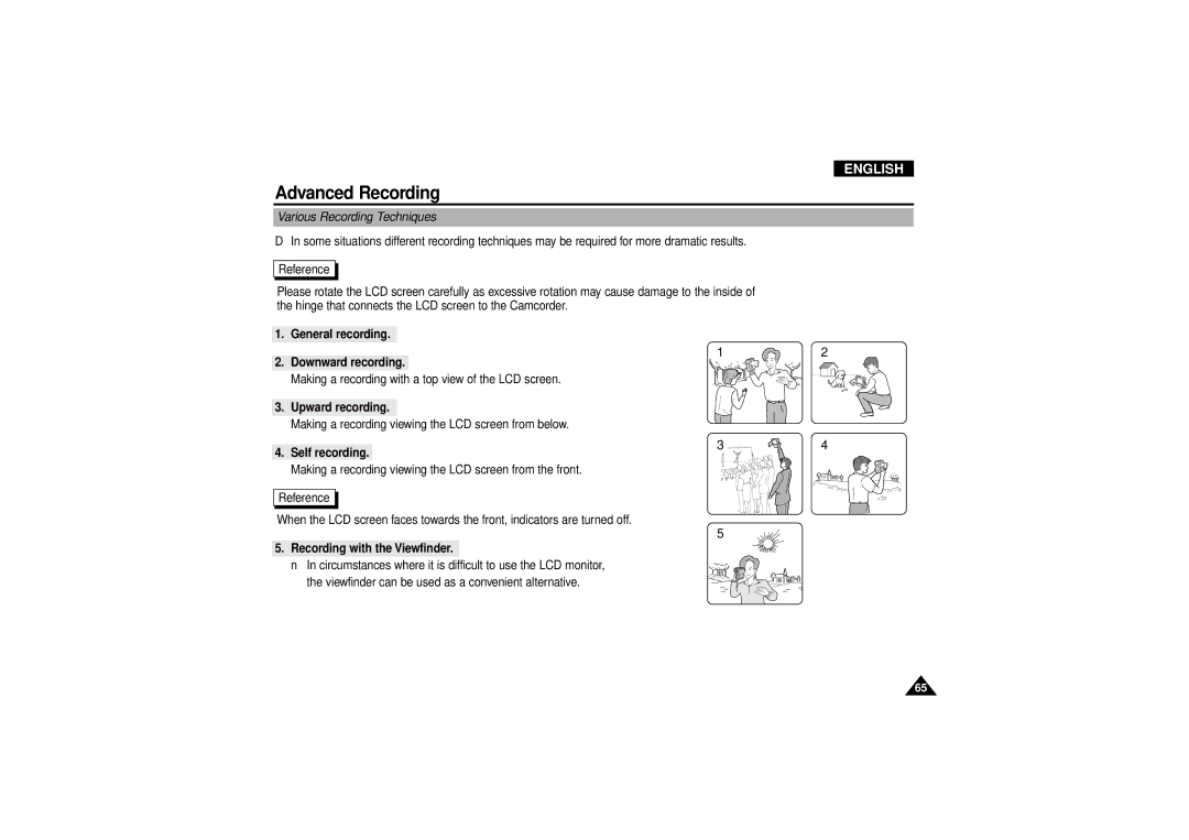 Samsung VP D 130 Various Recording Techniques, General recording Downward recording, Upward recording, Self recording 