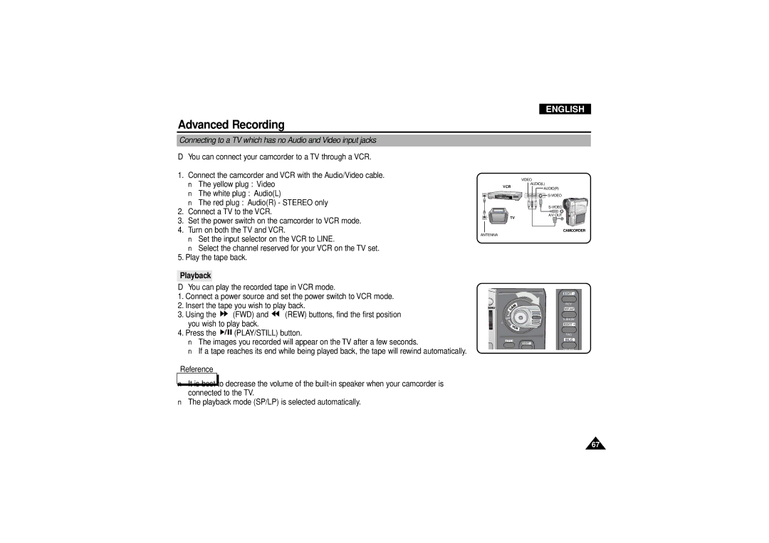 Samsung VP D 130 i manual Connecting to a TV which has no Audio and Video input jacks, Playback 