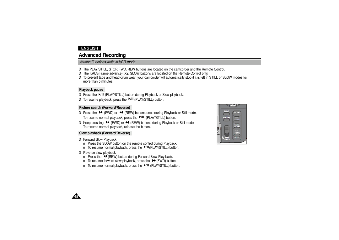 Samsung VP D 130 i manual Various Functions while in VCR mode, Playback pause, Picture search Forward/Reverse 